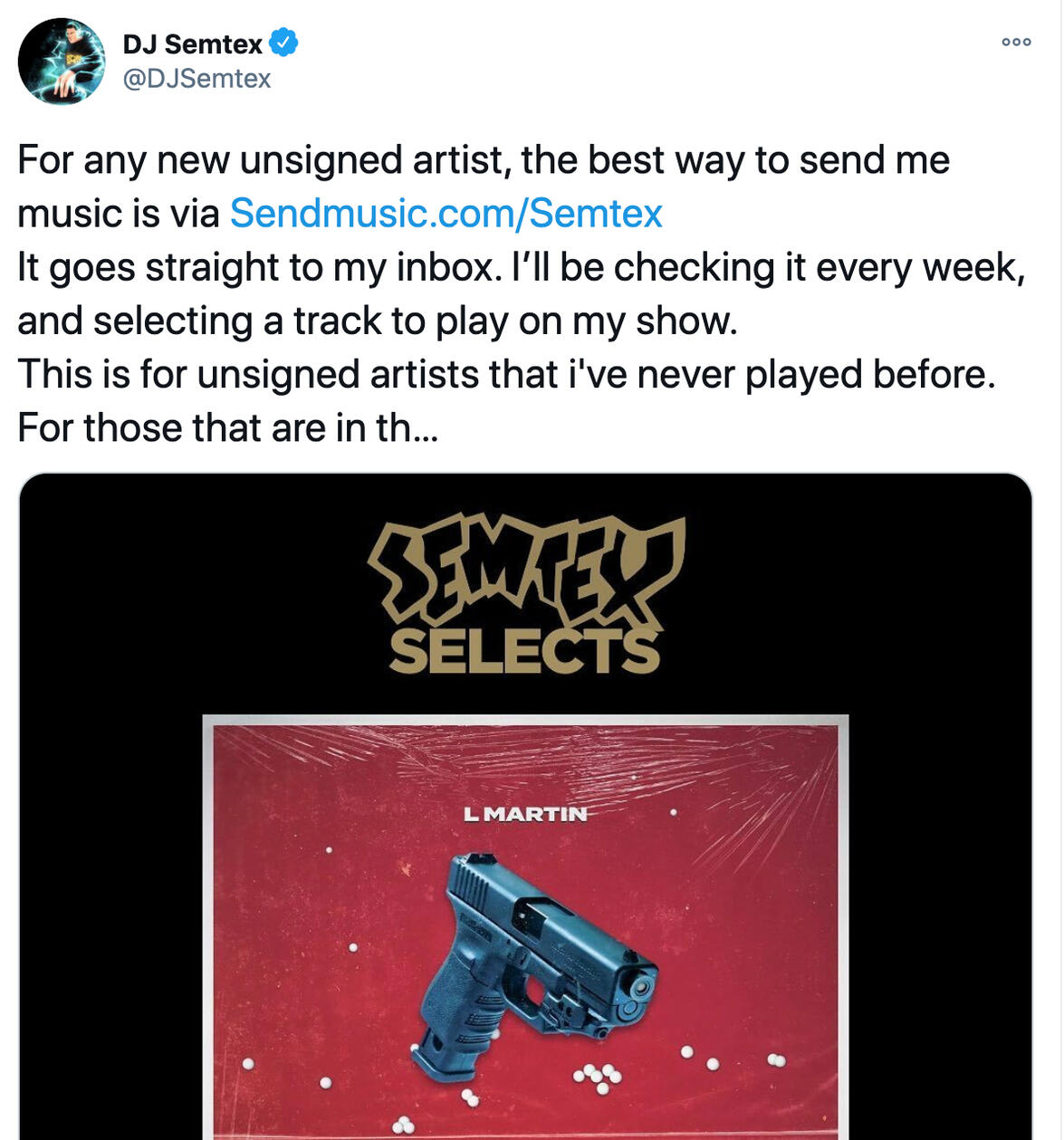DJ Semtex tweeting his SendMusic link